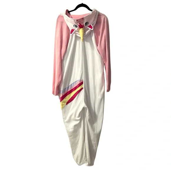 Unicorn onesie hooded pajama costume white with pink & rainbows size M NWOT - Picture 1 of 11